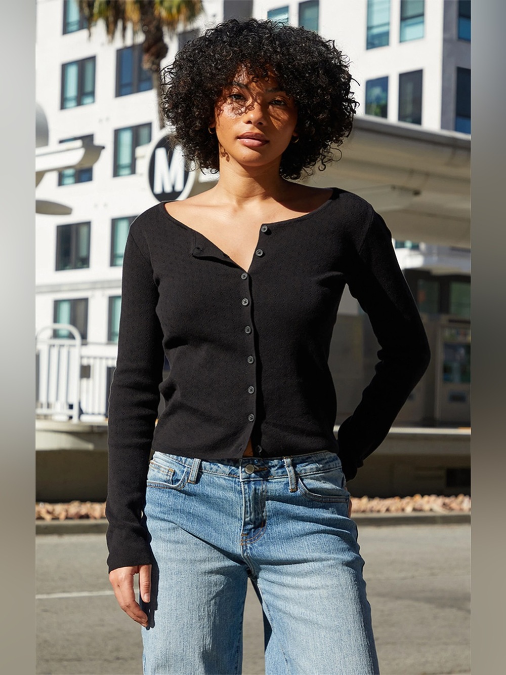 John Galt Black Athelia Pointelle Cardigan Sweater, One Size